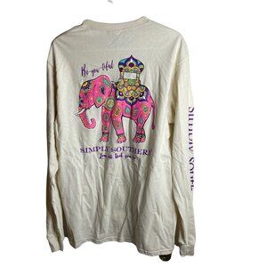 Simply Southern Shirt Womens M White Pink Elephant Long Sleeve Ladies